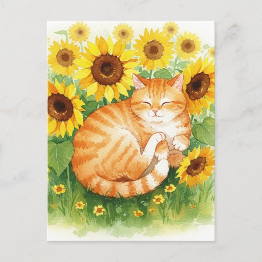 Schattigee Ginger Cat in Zonnebloemen Briefkaart (Voorkant)