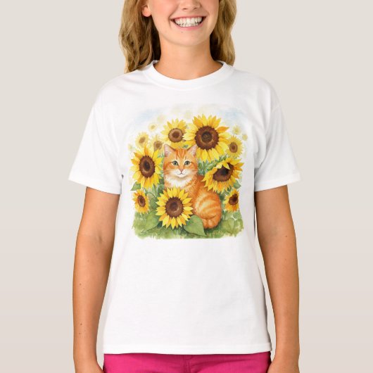 Schattigee Ginger Cat Zonnebloemen Kinder T-shirt (Voorkant)