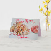 Schattigee Ginger Tabby Kat Spelen Wool Verjaardag Kaart (Gele Bloem)