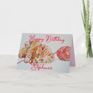 Schattigee Ginger Tabby Kat Spelen Wool Verjaardag Kaart