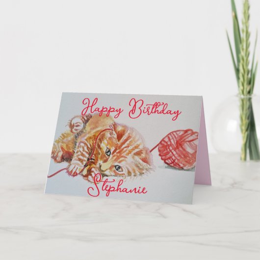 Schattigee Ginger Tabby Kat Spelen Wool Verjaardag Kaart (Voorkant)
