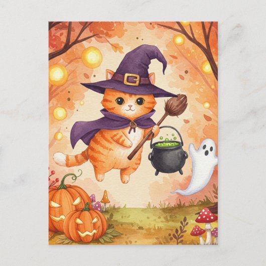 Schattigee Ginger Witch Cat Halloween Briefkaart (Voorkant)