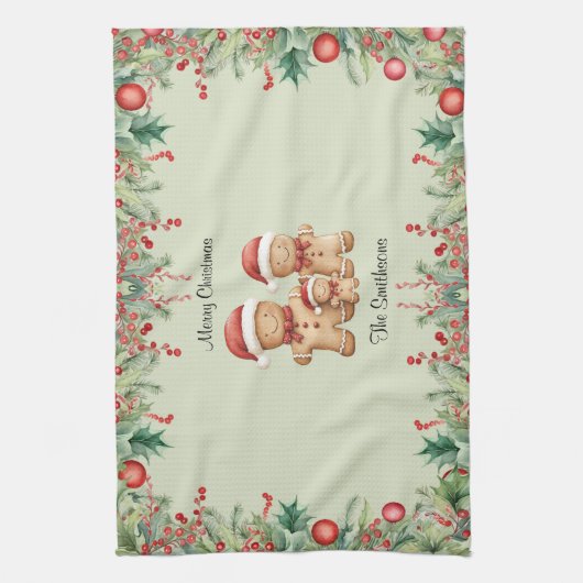 Schattigee Gingerbread Cookie Familie Kerst Keuken Theedoek (Verticaal)