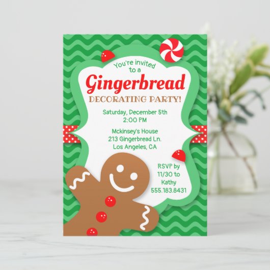 Schattigee Gingerbread Decorating Party Invitation Kaart (Staand voorkant)