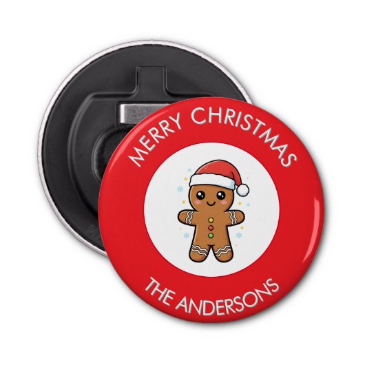 Schattigee Gingerbread Man aangepaste kerst Button Flesopener (Voorkant)