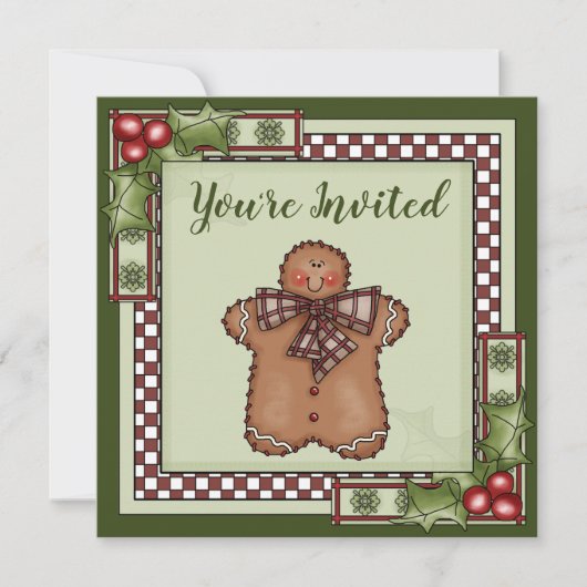 Schattigee Gingerbread Man en Holly Christmas Part Kaart (Voorkant)