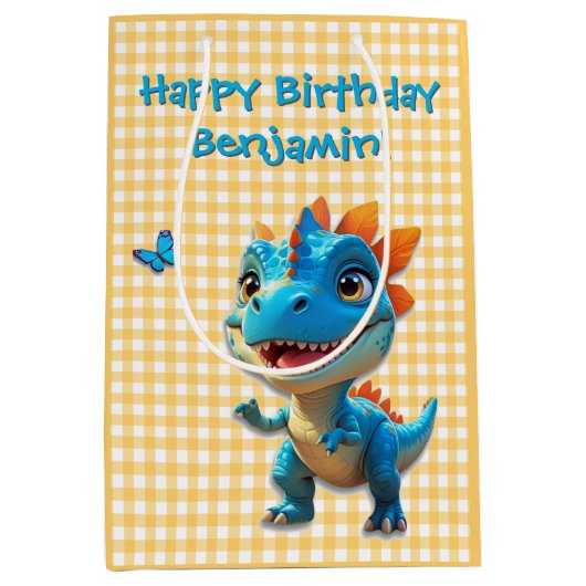 Schattigee Gingham Blue Dinosaurus Verjaardag Medium Cadeauzakje (Voorkant)