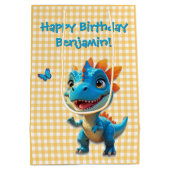 Schattigee Gingham Blue Dinosaurus Verjaardag Medium Cadeauzakje (Achterkant)