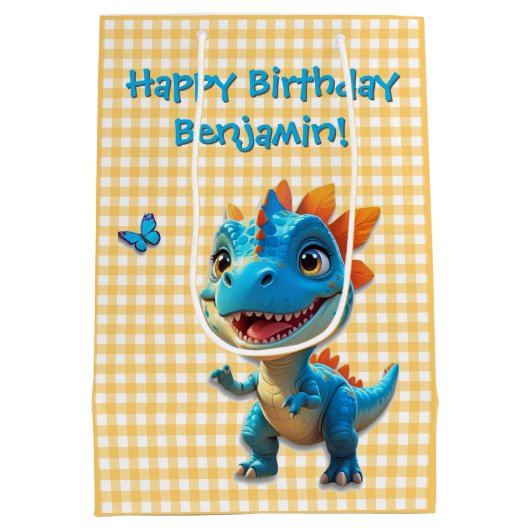 Schattigee Gingham Blue Dinosaurus Verjaardag Medium Cadeauzakje (Achterkant)