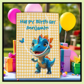 Schattigee Gingham Blue Dinosaurus Verjaardag Medium Cadeauzakje