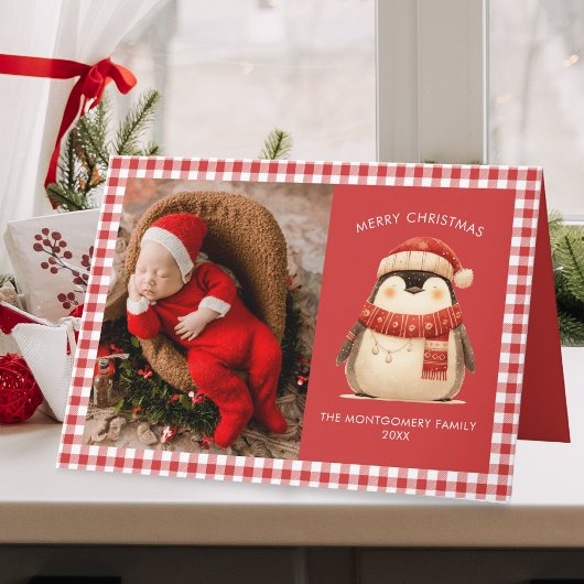 Schattigee Gingham Check Familie Kerstfoto Kaart
