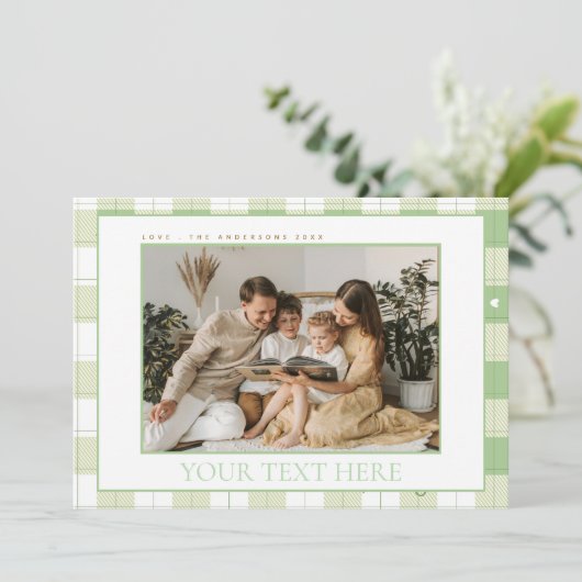 Schattigee Gingham Green Plaid Custom Photo Holida Feestdagenkaart (Staand voorkant)