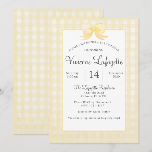 Schattigee Gingham met Bow Baby shower Kaart (Voorkant / Achterkant)