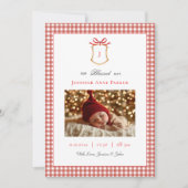 Schattigee Gingham Monogrammed Kerstgeboorte Aankondiging (Voorkant)