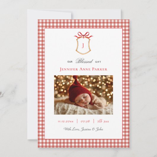 Schattigee Gingham Monogrammed Kerstgeboorte Aankondiging (Voorkant)