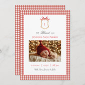 Schattigee Gingham Monogrammed Kerstgeboorte Aankondiging (Voorkant / Achterkant)