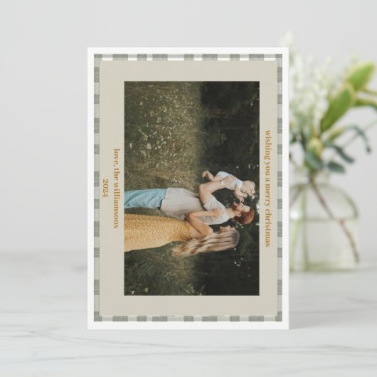 Schattigee Gingham Plaid Custom Foto Kerstkaart (Staand voorkant)