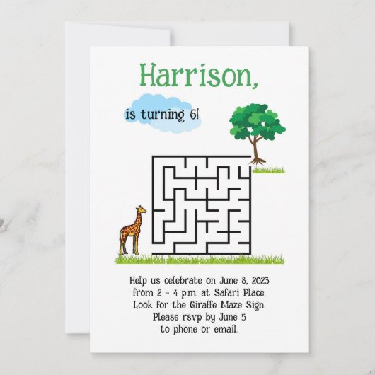 Schattigee giraf en boomdoolhof puzzel verjaardags kaart (Voorkant)