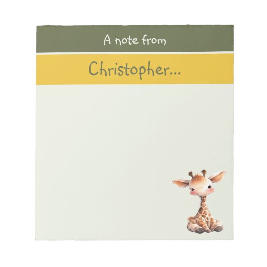 Schattigee giraffe aangepaste naam groene kinderen notitieblok (Voorkant)