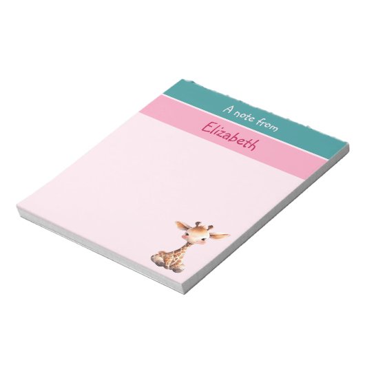 Schattigee giraffe aangepaste naam roze kinderen notitieblok (Linkerzijde)