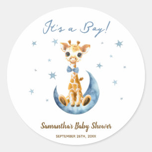 Schattigee Giraffe Baby shower Favor Dank je Blue Ronde Sticker