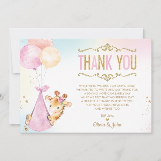Schattigee Giraffe Ballonnen Meisje Baby shower Sp Bedankkaart (Voorkant)