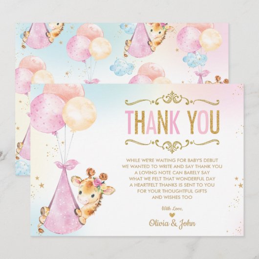Schattigee Giraffe Ballonnen Meisje Baby shower Sp Bedankkaart (Voorkant / Achterkant)