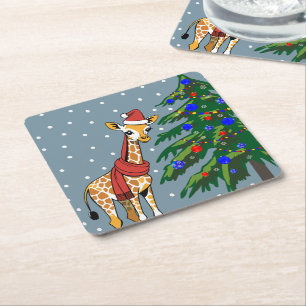 Schattigee Giraffe Beanie en sjaal met kerstboom Kartonnen Onderzetters