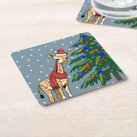 Schattigee Giraffe Beanie en sjaal met kerstboom Kartonnen Onderzetters (Schuin)
