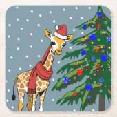 Schattigee Giraffe Beanie en sjaal met kerstboom Kartonnen Onderzetters (Voorkant)