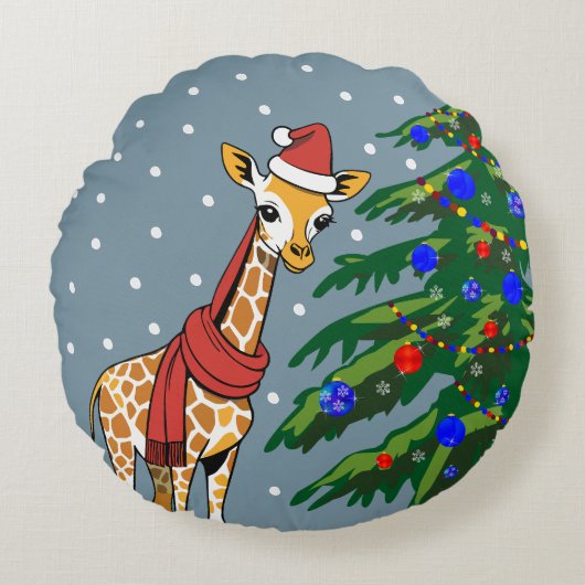 Schattigee Giraffe Beanie en sjaal met kerstboom Rond Kussen (Voorkant)