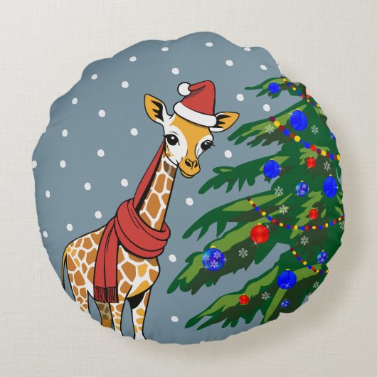 Schattigee Giraffe Beanie en sjaal met kerstboom Rond Kussen (Achterkant)