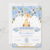 Schattigee Giraffe Blauwe Bloemen Verjaardagsfeest Kaart (Voorkant)