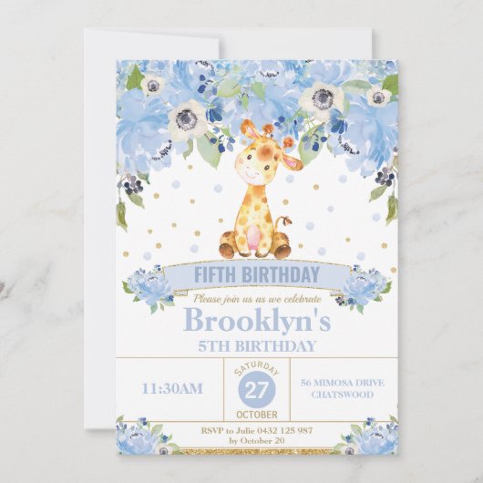 Schattigee Giraffe Blauwe Bloemen Verjaardagsfeest Kaart (Voorkant)