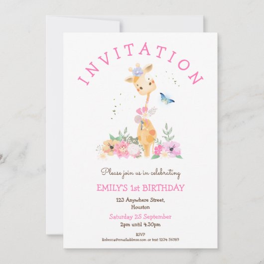 Schattigee Giraffe Bloemen Meisjes 1e Verjaardagsf Kaart (Voorkant)