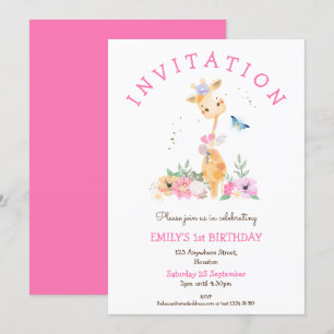 Schattigee Giraffe Bloemen Meisjes 1e Verjaardagsf Kaart