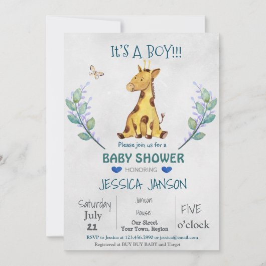 SCHATTIGEE GIRAFFE BOY BABY SHOWER UITNODIGING (Voorkant)