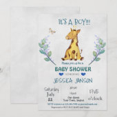 SCHATTIGEE GIRAFFE BOY BABY SHOWER UITNODIGING (Voorkant / Achterkant)