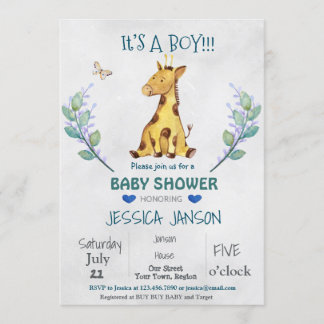 SCHATTIGEE GIRAFFE BOY BABY SHOWER UITNODIGING