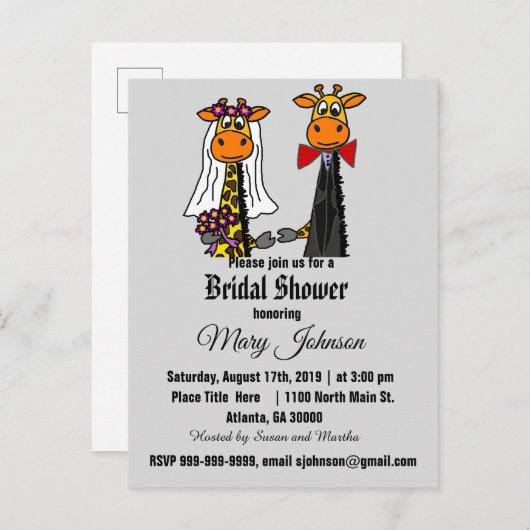Schattigee Giraffe bruiloft Cartoon Uitnodiging Briefkaart (Voorkant / Achterkant)