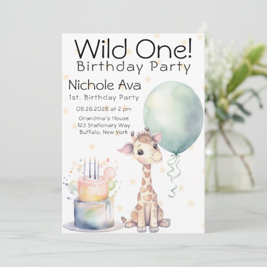 Schattigee Giraffe Cake Balloon 1e Verjaardag Wild Kaart (Staand voorkant)