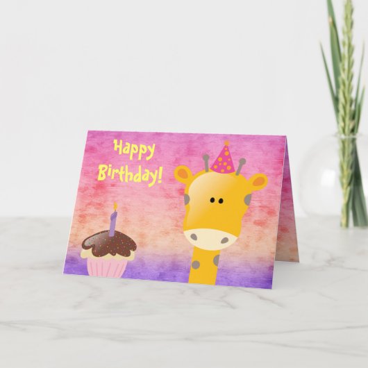 Schattigee Giraffe & Cupcake Happy Birthday Kaart (Voorkant)