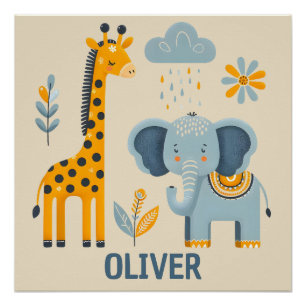 Schattigee Giraffe en olifant Safari Vrienden Perfect Poster