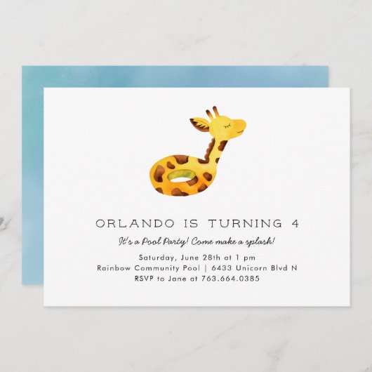 Schattigee Giraffe Floatie Pool Verjaardagsfeest Kaart (Voorkant / Achterkant)