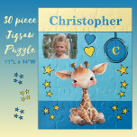 Schattigee giraffe fotonaam blauw geel kinder legpuzzel<br><div class="desc">30 stuk puzzel voor kinderen. Met een schattige giraffe,  met sterren en liefdesharten. Voeg een naam,  initiaal en een foto toe. Kleurenschema: blauw en geel cadeau idee voor kinderen.</div>