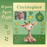 Schattigee giraffe fotonaam groen geel kinder legpuzzel<br><div class="desc">30 stuk puzzel voor kinderen. Met een schattige giraffe,  met sterren en liefdesharten. Voeg een naam,  initiaal en een foto toe. Kleurenschema: groen en geel cadeau-idee voor kinderen.</div>