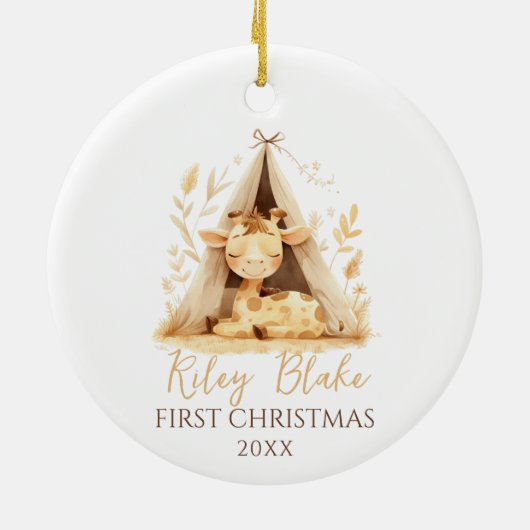 Schattigee Giraffe Genderneutraal Baby Eerste Kers Keramisch Ornament (Achterkant)