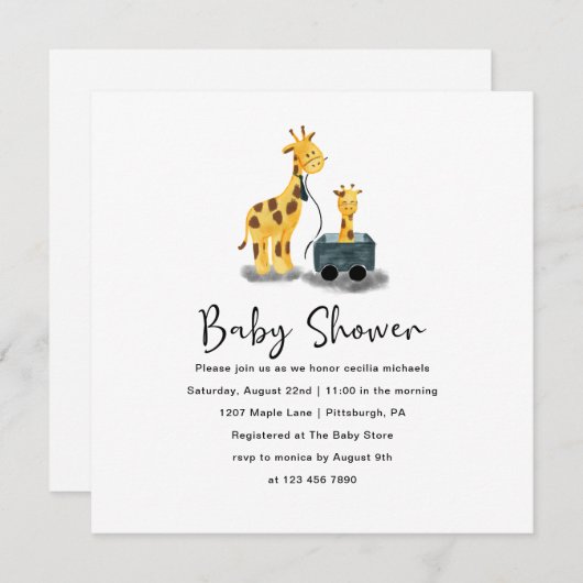 Schattigee Giraffe Illustratie Baby shower Kaart (Voorkant / Achterkant)