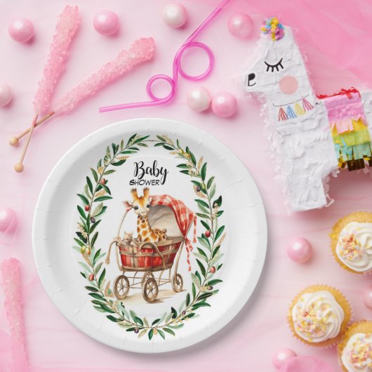 Schattigee Giraffe in Carriage Winter Baby shower Papieren Bordje (Feest)
