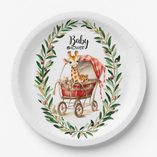 Schattigee Giraffe in Carriage Winter Baby shower Papieren Bordje (Voorkant)